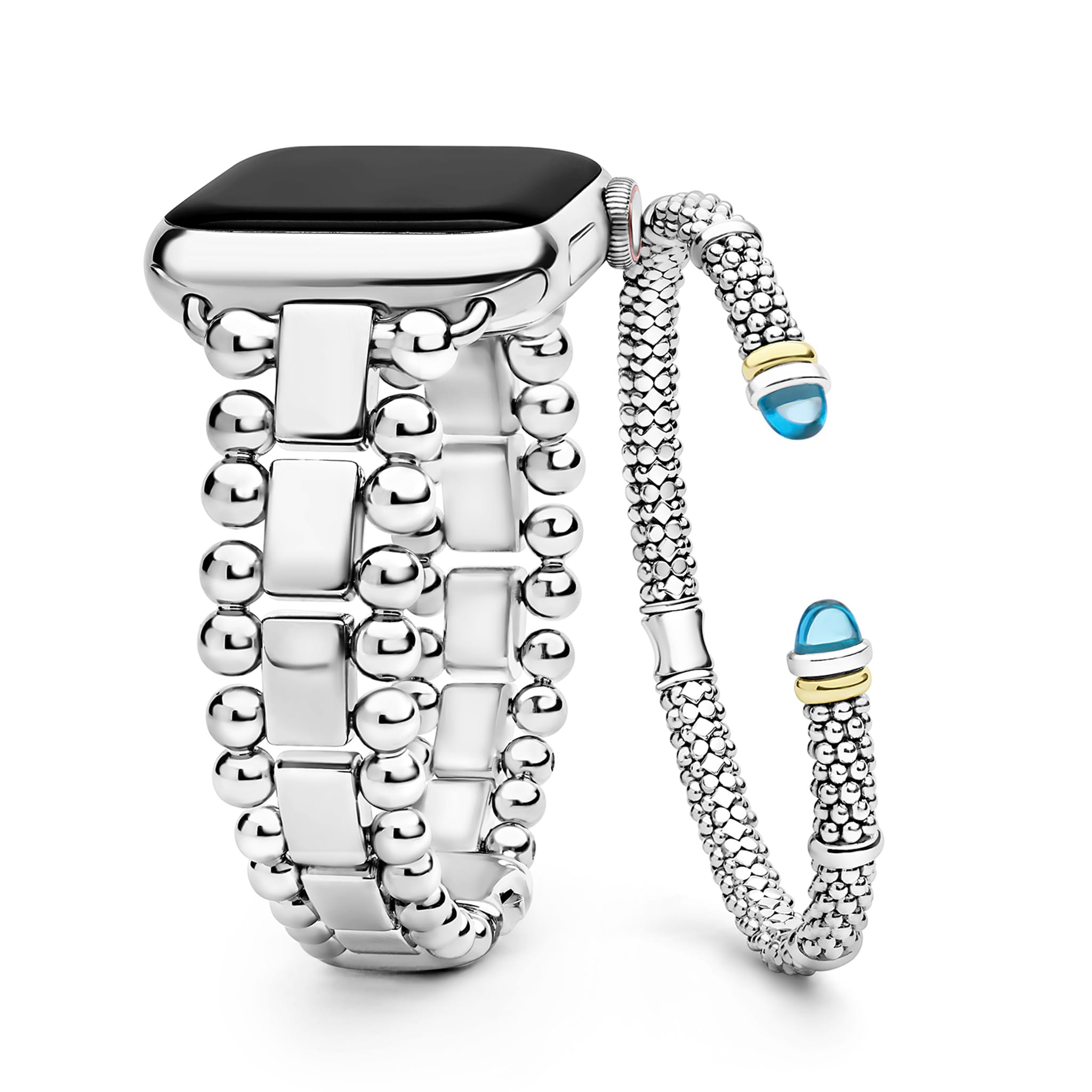 One stainless steel apple smart watch band and one two-tone cuff bracelet with Swiss blue topaz end caps.