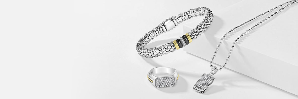 A ring, necklace, and bracelet with diamonds all for men