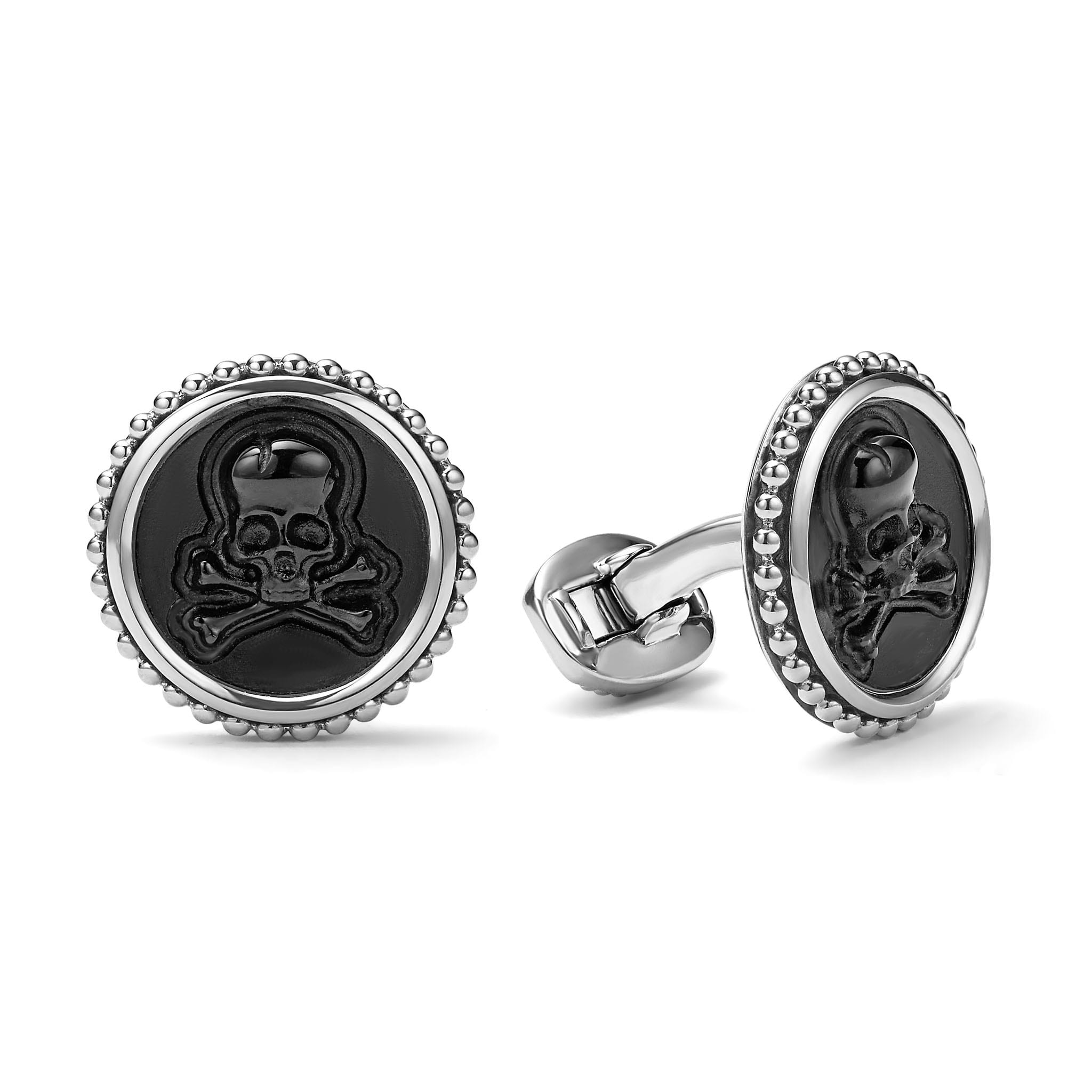 Black agate gemstone accented by sterling silver Caviar beading forms these skull cuff links.