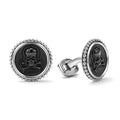 Black agate gemstone accented by sterling silver Caviar beading forms these skull cuff links.