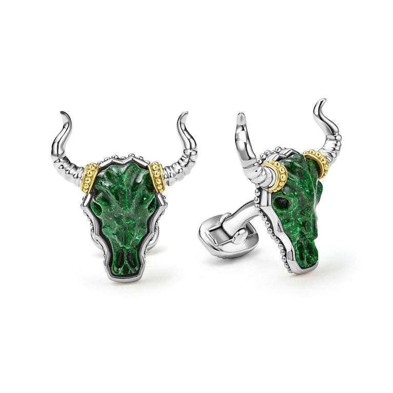 Jade gemstone accented by sterling silver and 18K gold Caviar beading forms these bull motif cuff links.