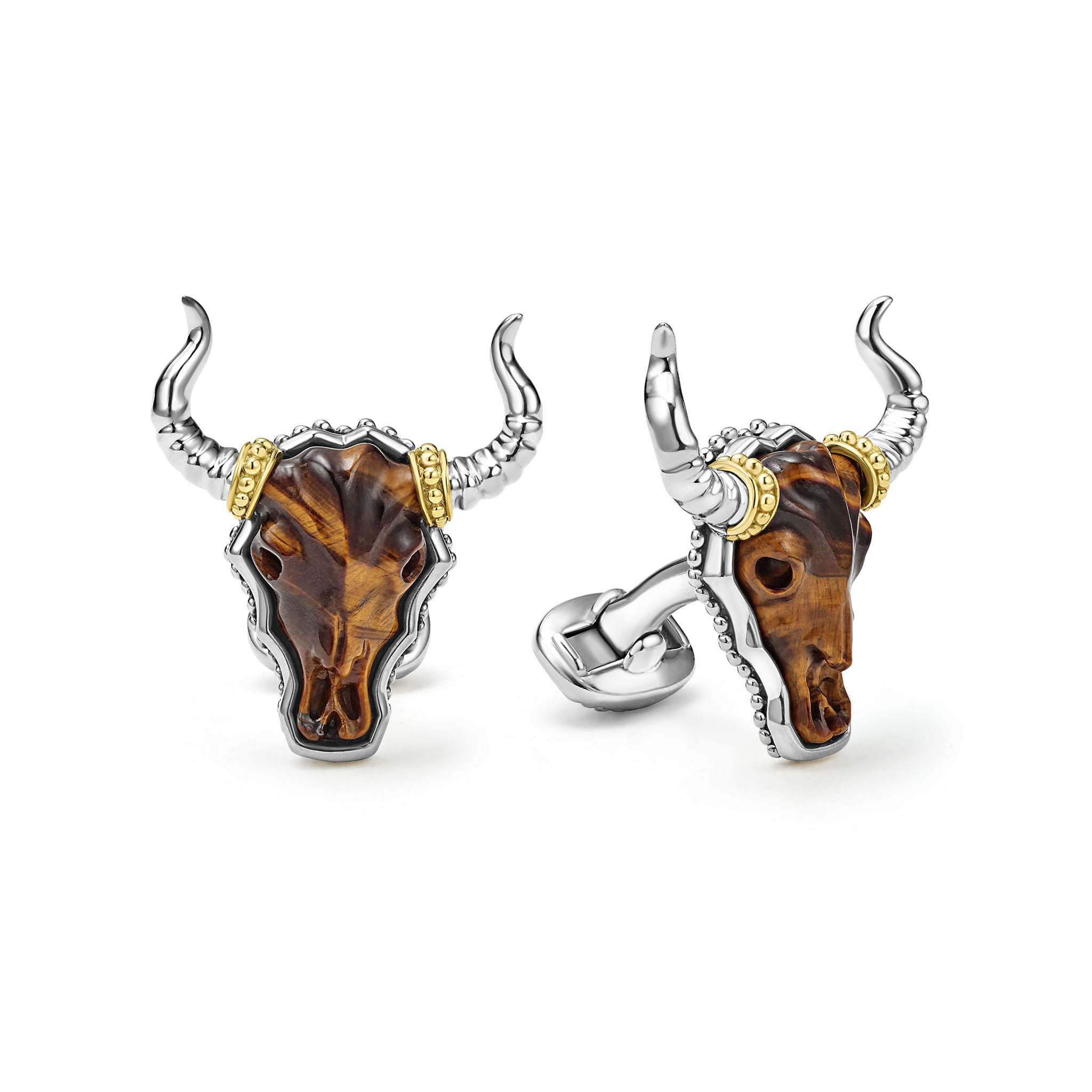 Tiger eye gemstone accented by sterling silver and 18K gold Caviar beading forms these bull motif cuff links.
