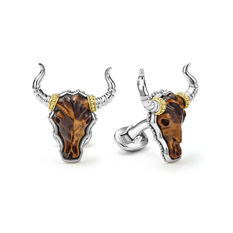 Tiger eye gemstone accented by sterling silver and 18K gold Caviar beading forms these bull motif cuff links.