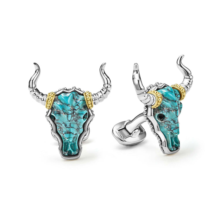 Turquoise gemstone accented by sterling silver and 18K gold Caviar beading forms these bull motif cuff links.