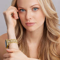Smart Caviar 18K Gold Full Diamond Watch Bracelet on a wrist, highlighting luxury craftsmanship and elegance, designed for Apple Watch, enhancing her sophisticated style.