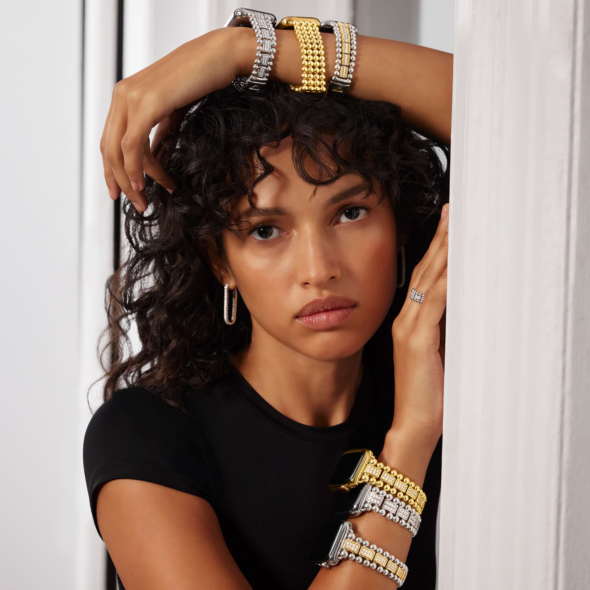 Smart Caviar 18K Gold Full Diamond Watch Bracelet on model's wrist, featuring metallic beaded design and diamond links. Watch face not included.