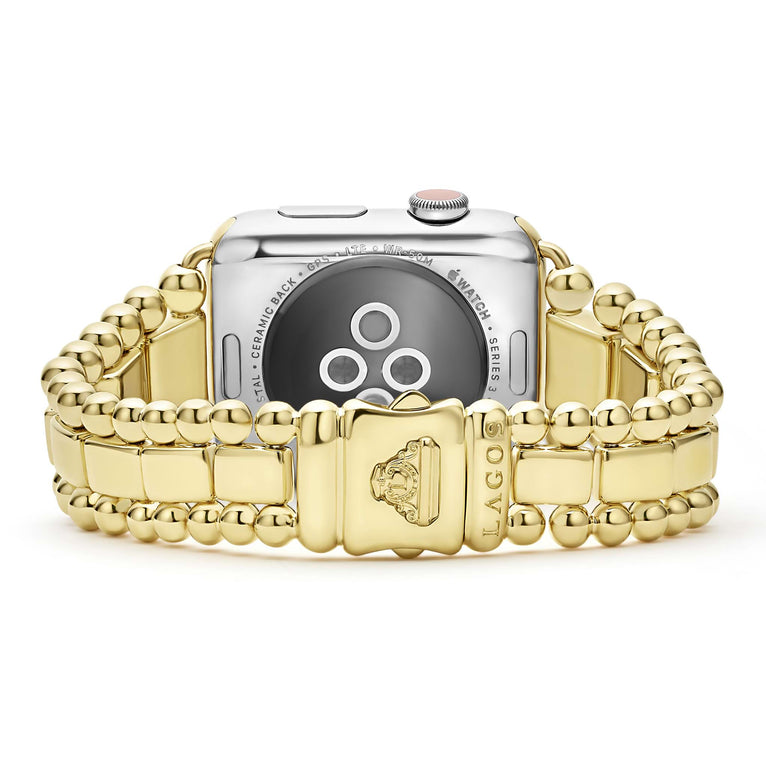 Smart Caviar 18K Gold Watch Bracelet-42-49mm featuring chunky chain links, compatible with Apple Watch Series 3, showcasing an elegant, handcrafted design with crest-stamped clasp. Watch face not included.