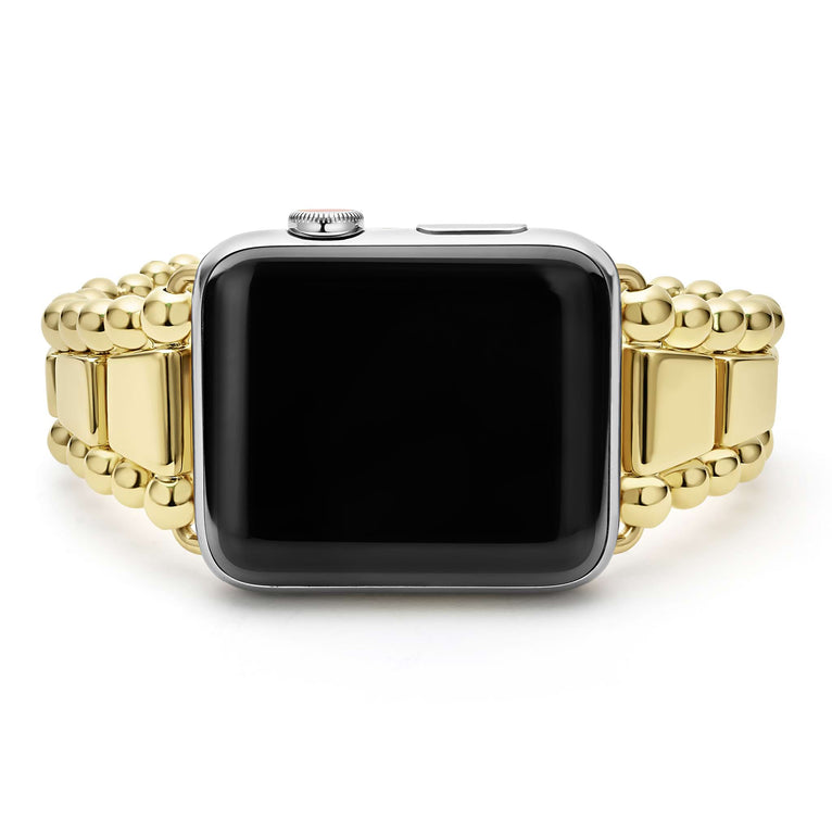 Smart Caviar 18K Gold Watch Bracelet-42-49mm: Close-up of an Apple Watch with a stainless-steel case and an 18K gold link bracelet, display off.