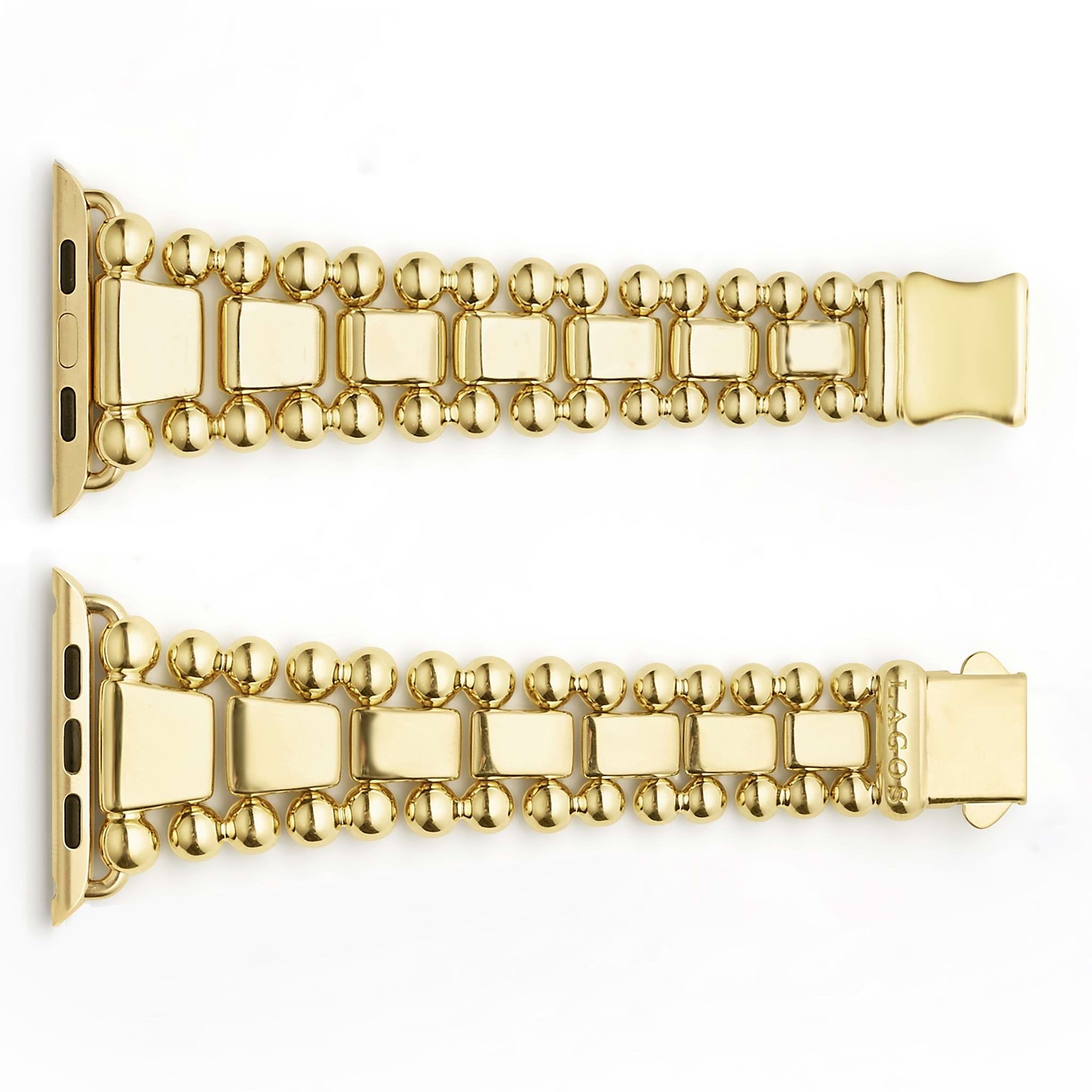 Smart Caviar 18K Gold Watch Bracelet, designed for 42-49mm Apple Watch, features polished spheres and rectangular links with slide-in adapters and clasps.