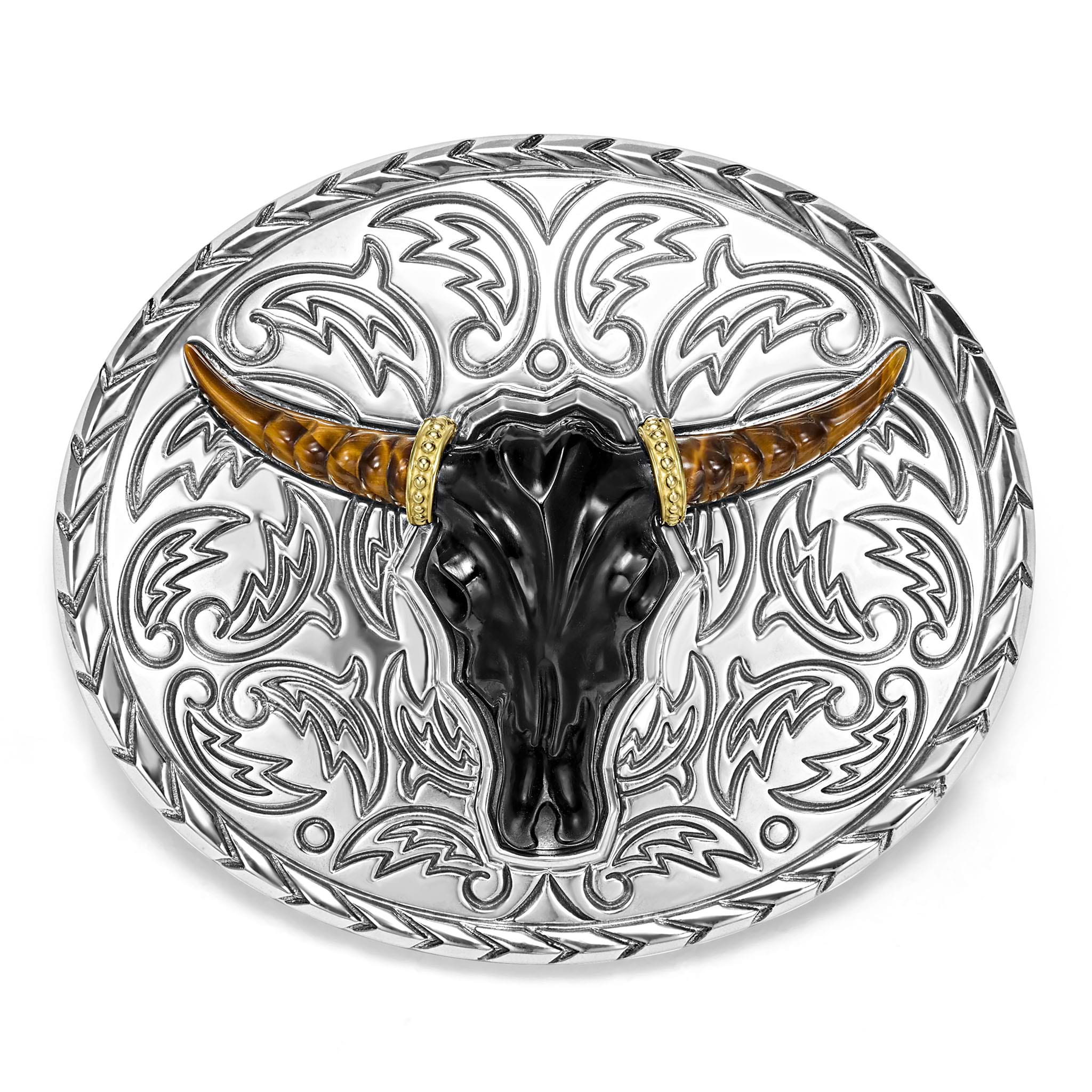 Intricately crafted black agate gemstone and 18K gold surrounded by sterling silver form this bull motif belt buckle.