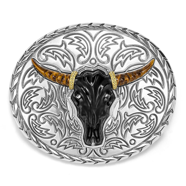 Intricately crafted black agate gemstone and 18K gold surrounded by sterling silver form this bull motif belt buckle.