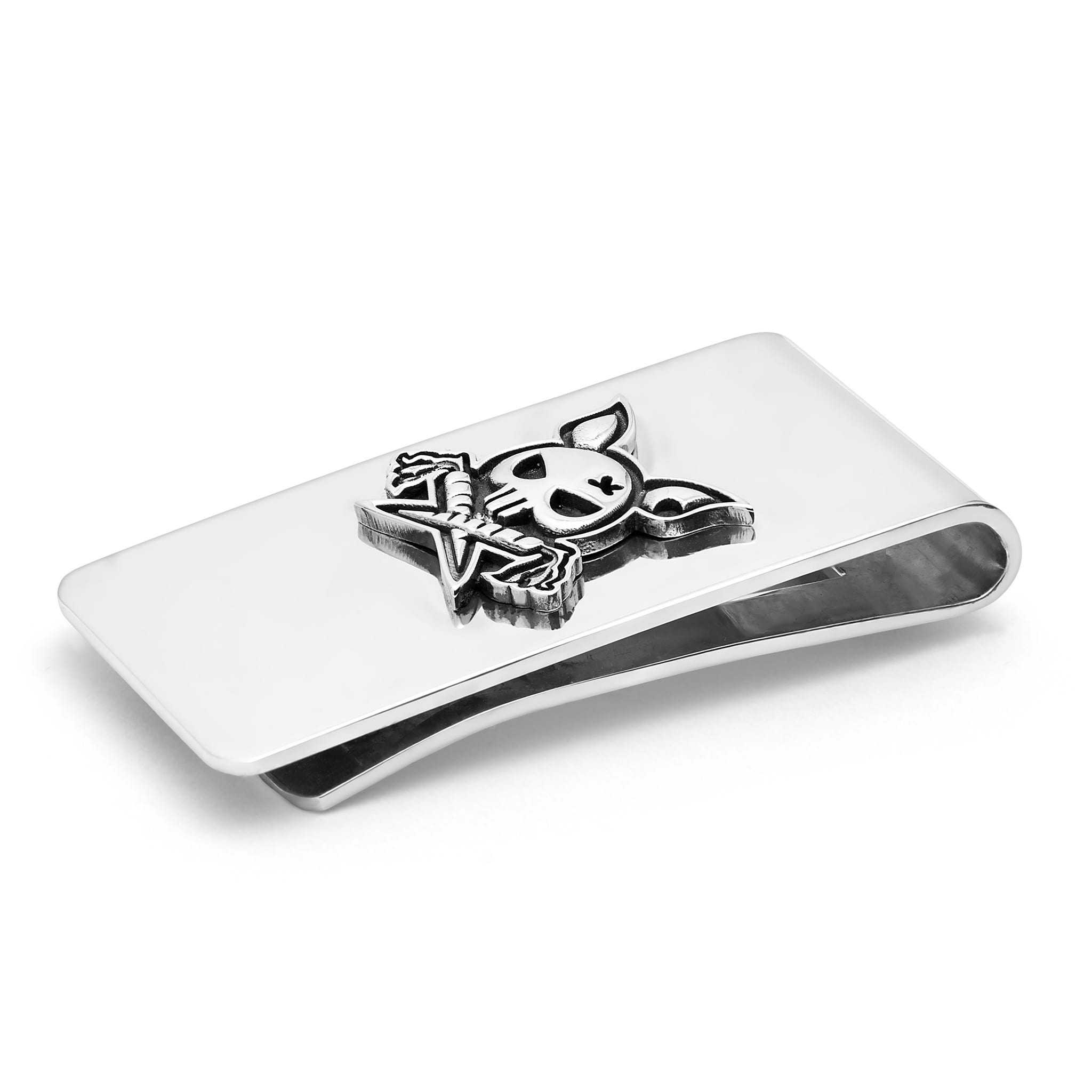 Close-up of the bold krunch motif on the Anthem Silver Money Clip, showcasing intricate design