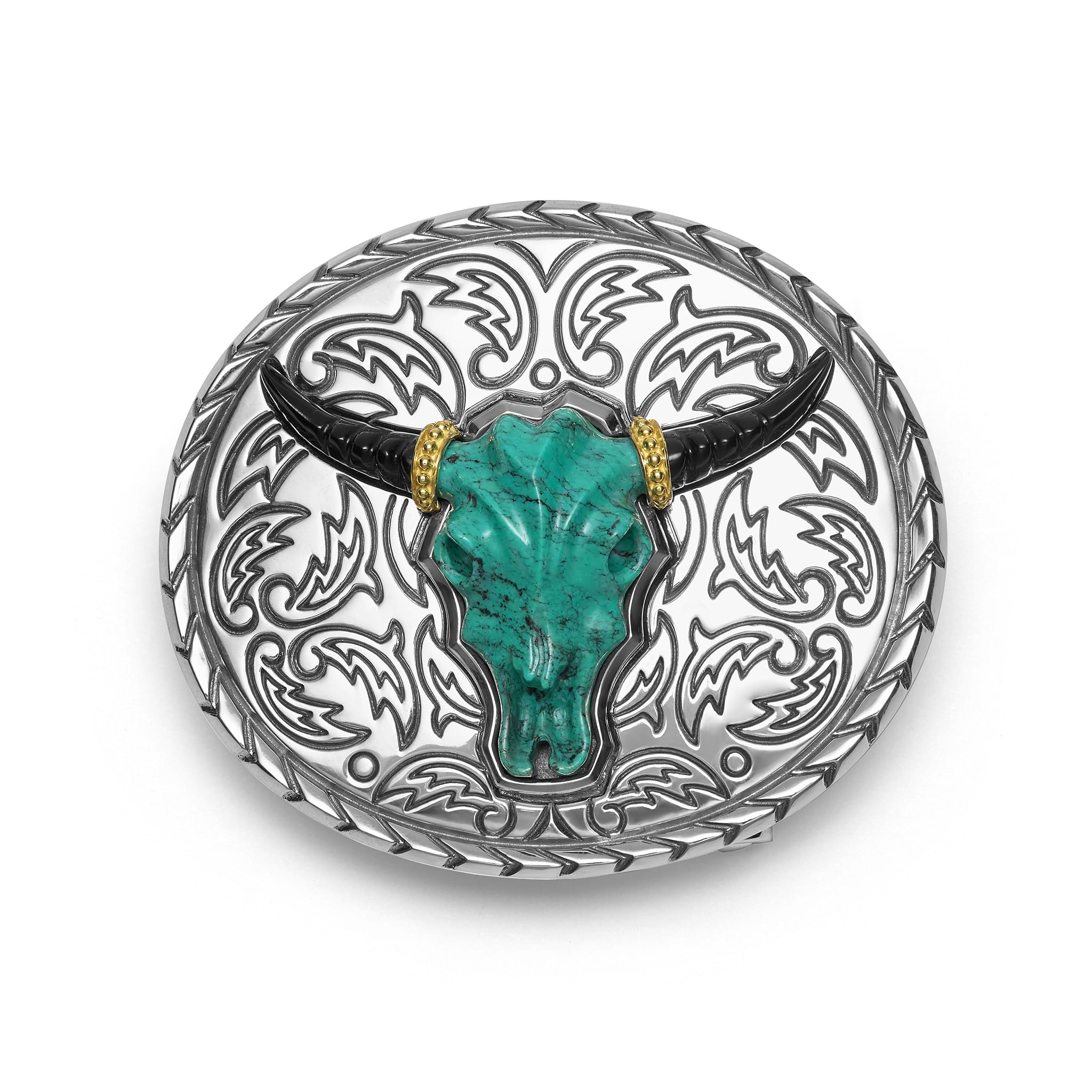 Long Horn Belt Buckle featuring a polished turquoise gemstone with sterling silver Caviar beading, dimensions 35mm x 15mm