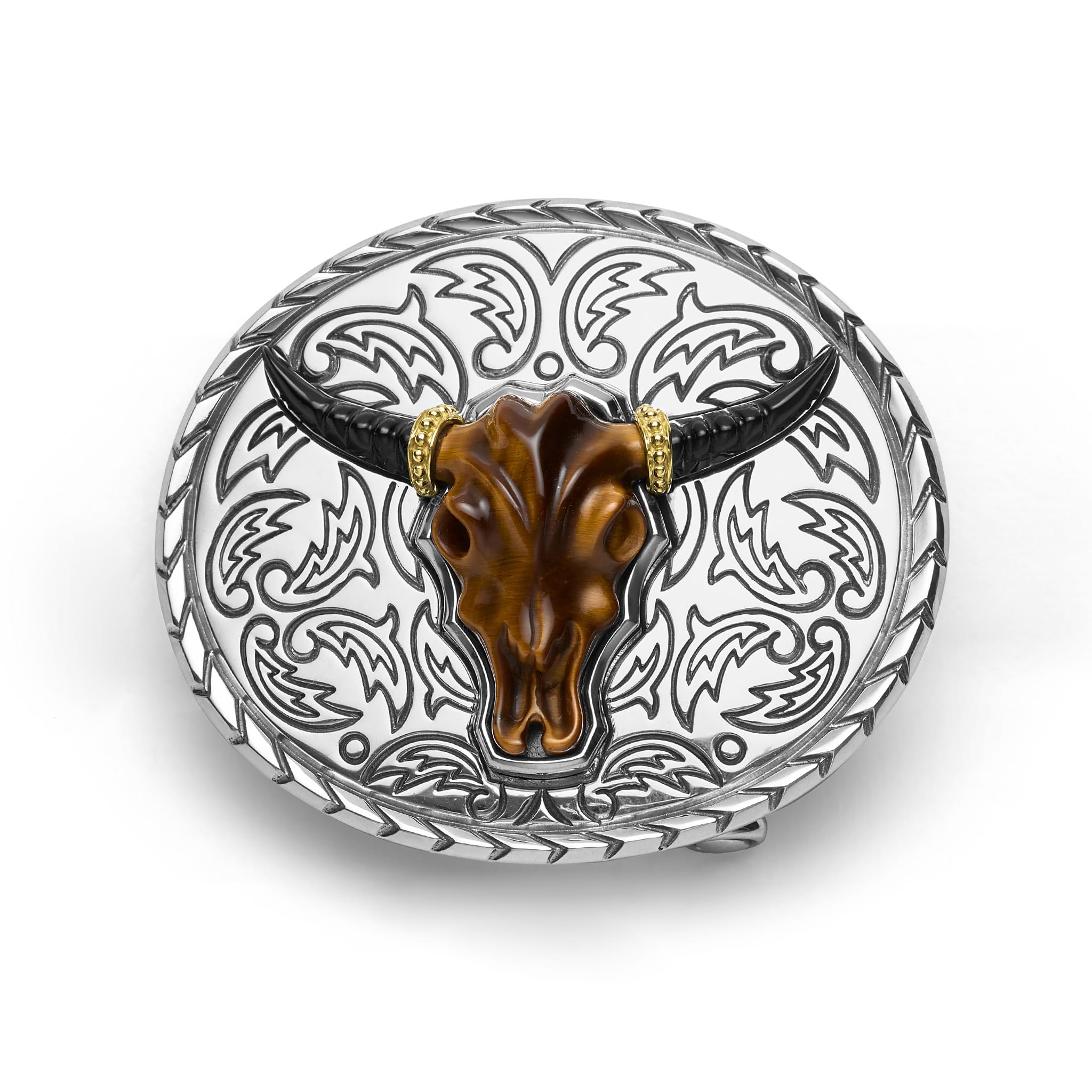 Tiger Eye Tag belt buckle featuring a tiger eye gemstone with sterling silver Caviar beading, dimensions 35mm x 15mm
