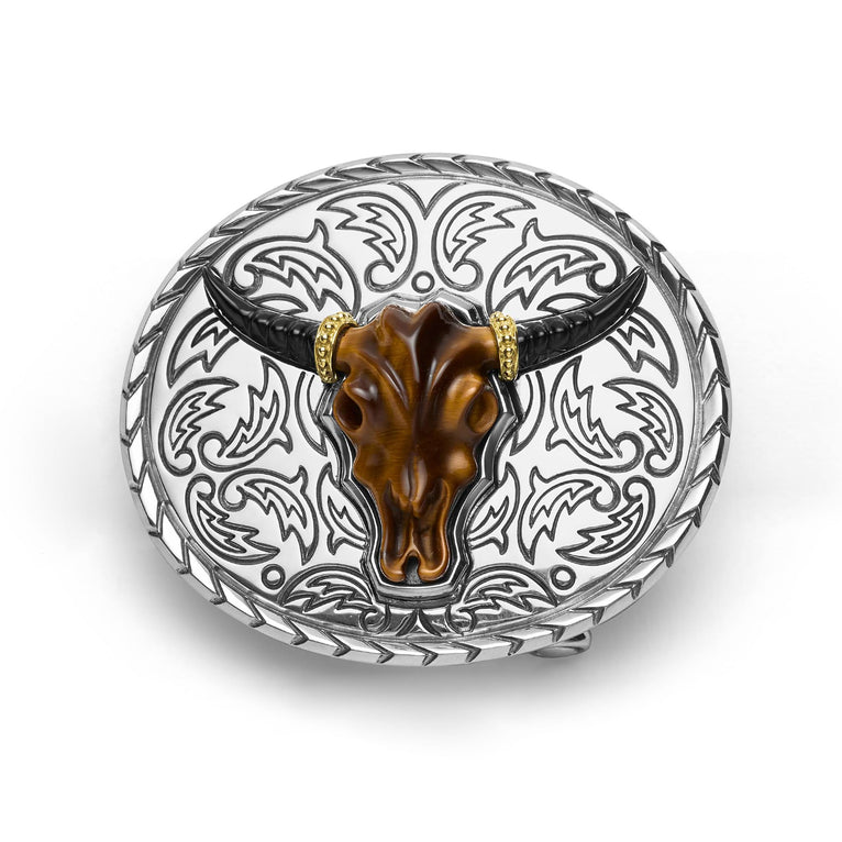 Tiger Eye Tag belt buckle featuring a tiger eye gemstone with sterling silver Caviar beading, dimensions 35mm x 15mm