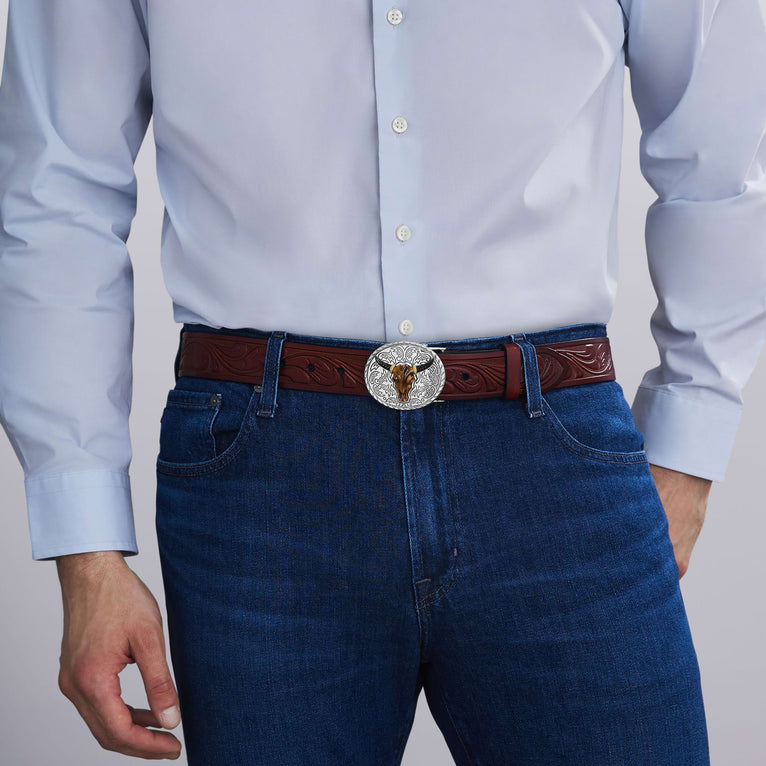 Anthem Tiger Eye Belt Buckle worn on a model, demonstrating its style and size