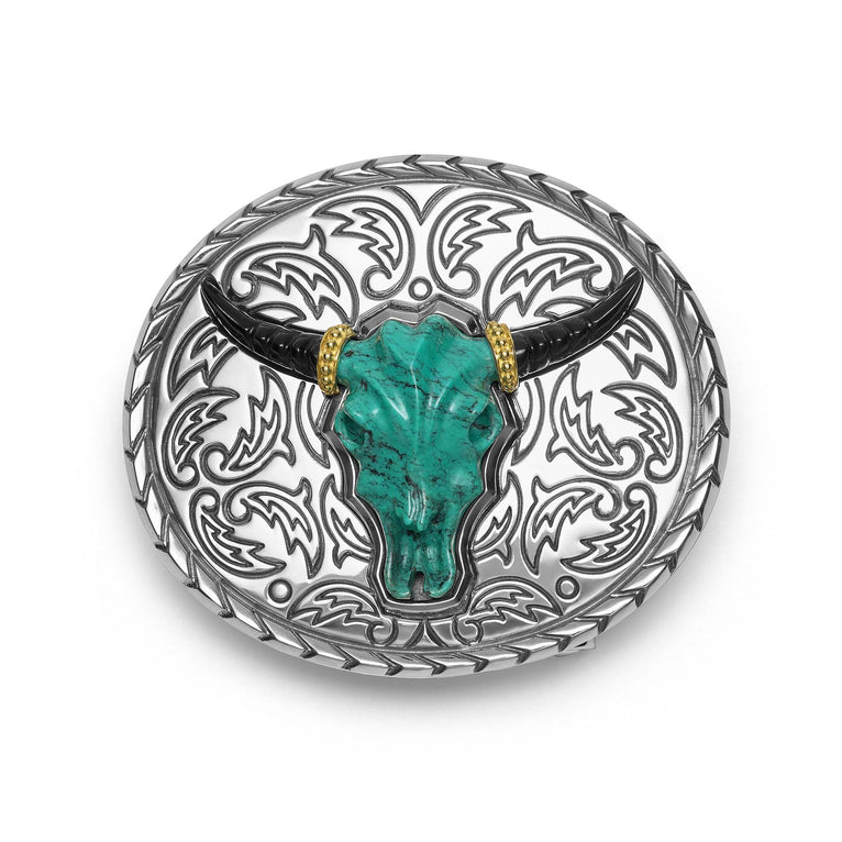 Long Horn Belt Buckle featuring a polished turquoise gemstone with sterling silver Caviar beading, dimensions 35mm x 15mm