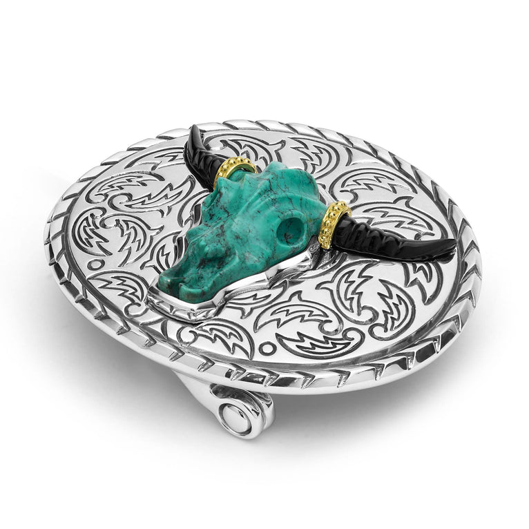 Close up of Long Horn Belt Buckle featuring a polished turquoise gemstone with sterling silver Caviar beading, dimensions 35mm x 15mm