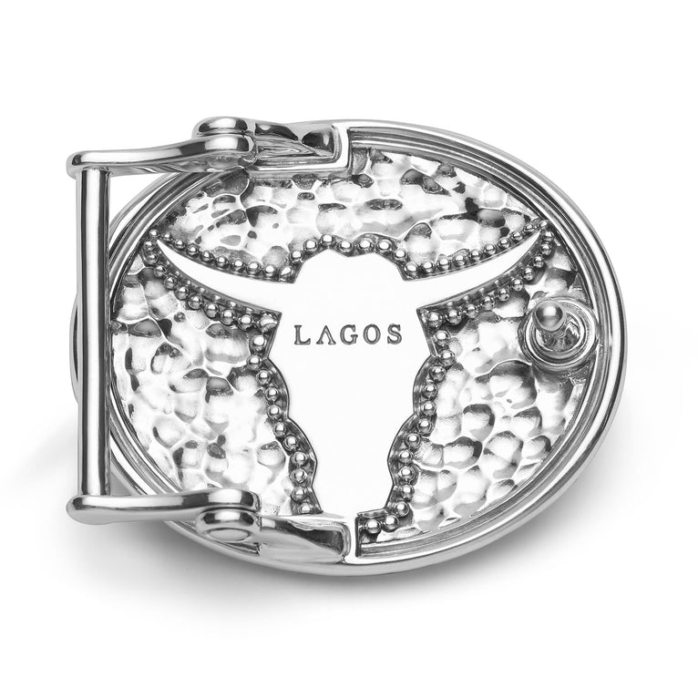 Back view of Long Horn Belt Buckle featuring a polished turquoise gemstone with sterling silver Caviar beading, dimensions 35mm x 15mm