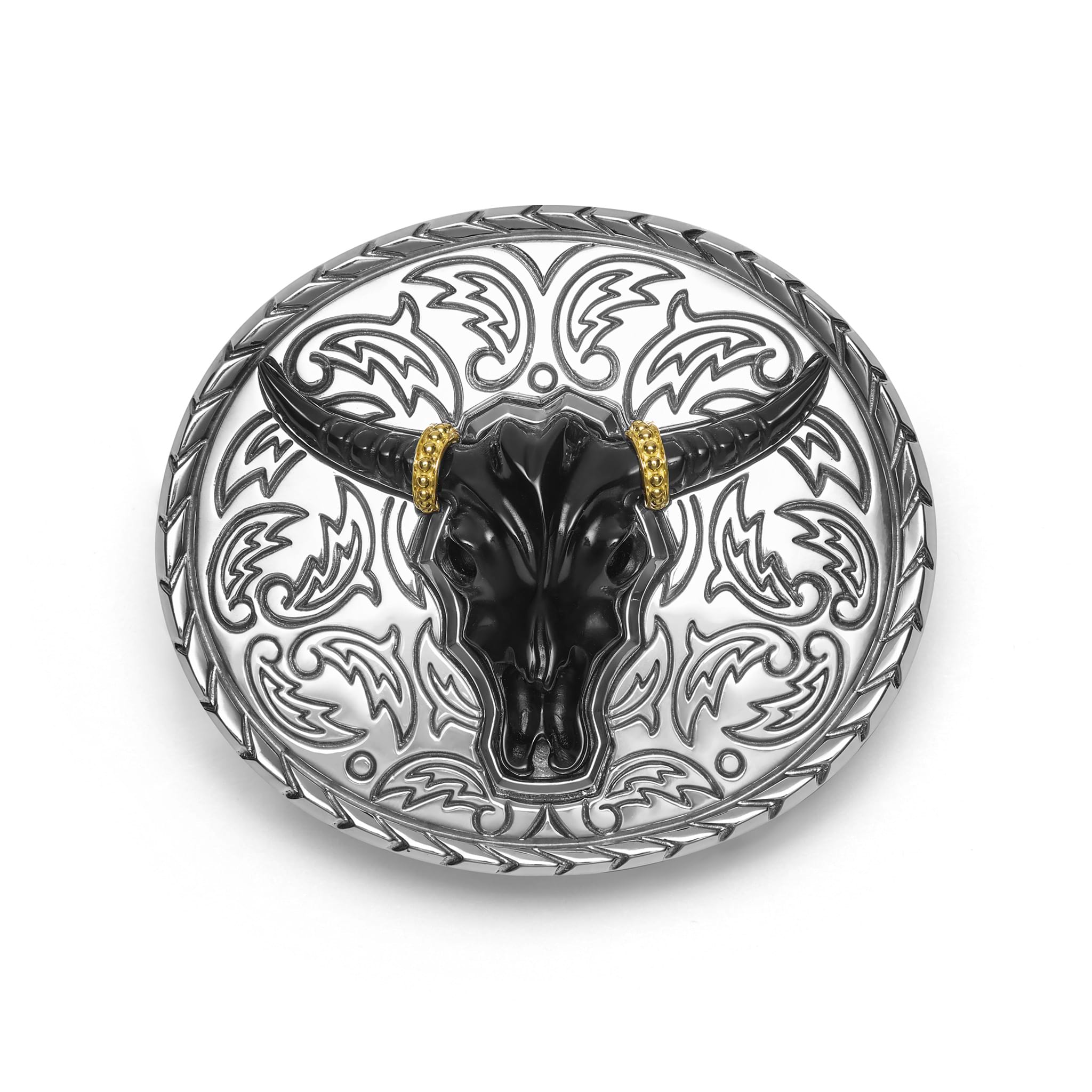 Black Agate Long Horn Belt Buckle featuring a polished black agate gemstone with 18K gold horns and sterling silver Caviar beading, dimensions 85mm x 100mm