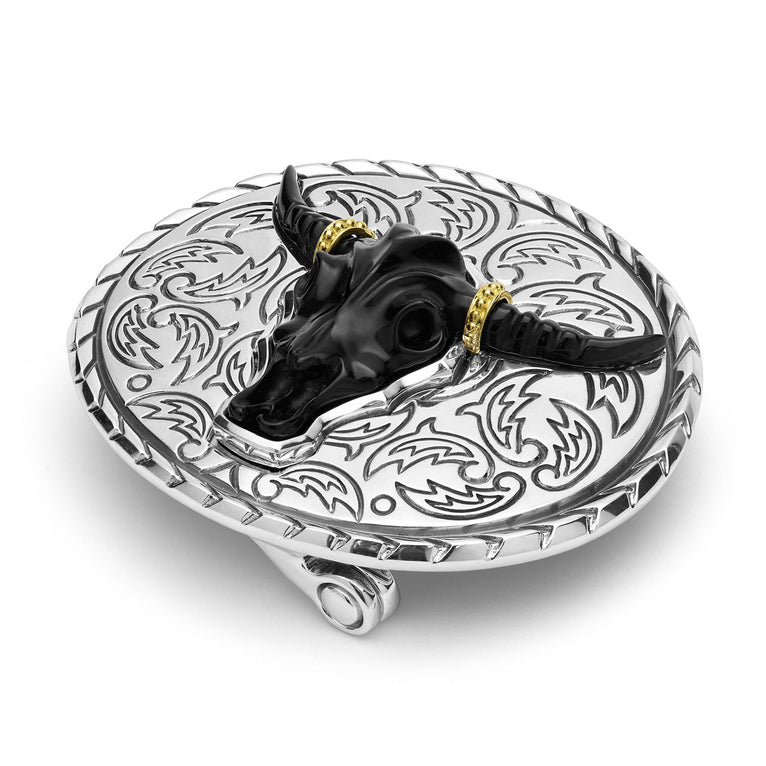 Close-up of polished black agate gemstone with 18K gold horns on the Anthem Long Horn Belt Buckle, showcasing fine craftsmanship