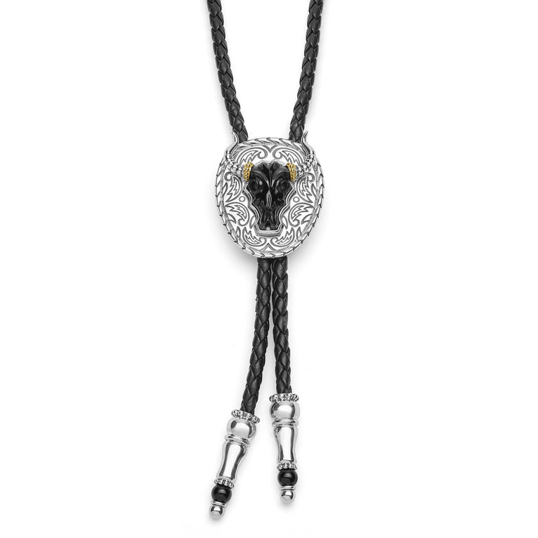 Black Agate Tag Amulet Bolo, featuring black agate accented by sterling silver Caviar beading