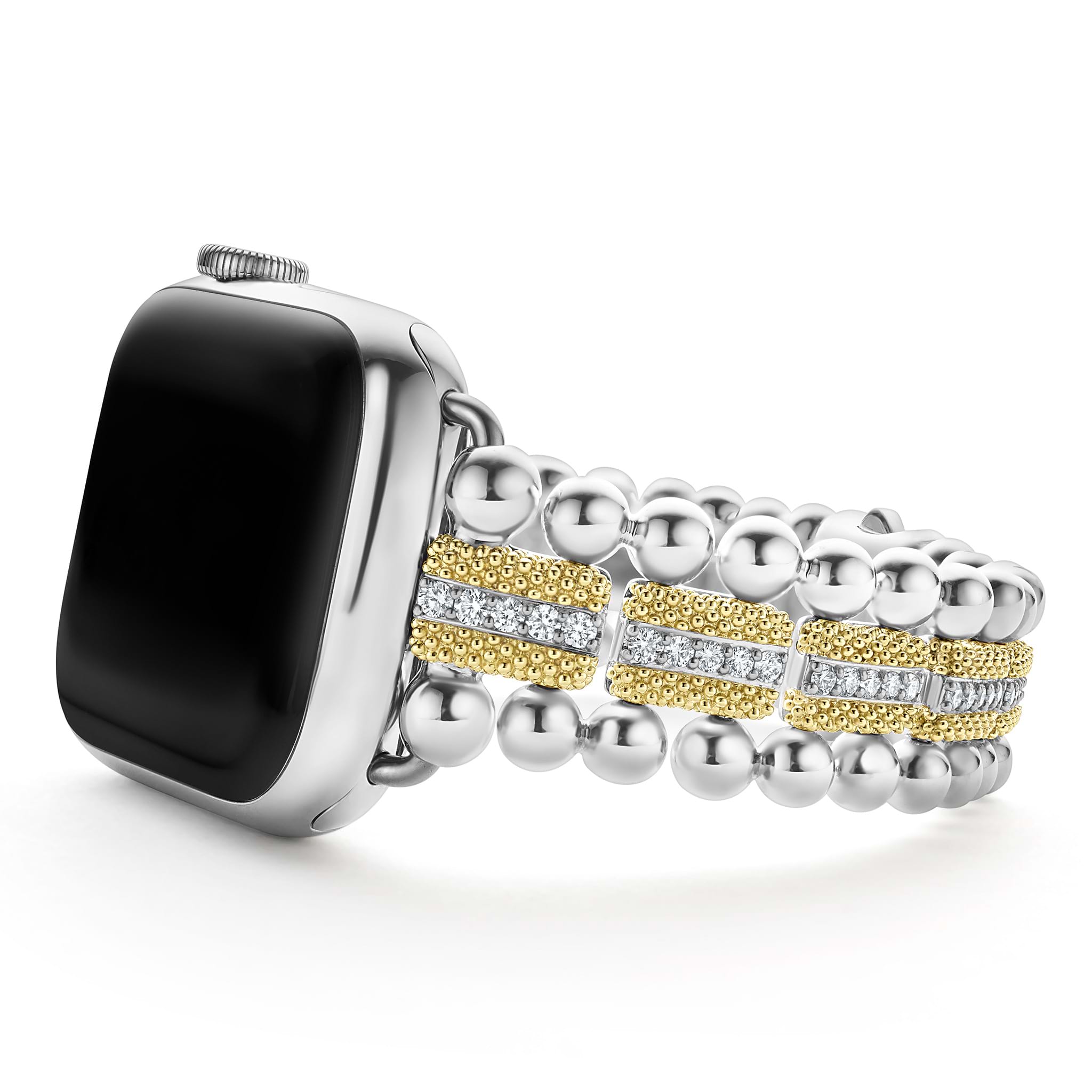 Created exclusively for your Apple Watch®, this watch bracelet is crafted from 18K gold superfine Caviar beading, diamonds and smooth sterling silver. Fits Series 1 through 10 Apple Watch® for the 38mm through 45mm sizes. Watch face sold separately