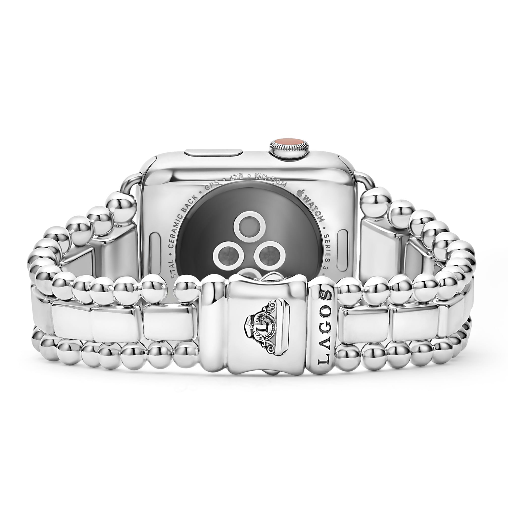Smart Caviar Sterling Silver Watch Bracelet-42-49mm attached to an Apple Watch Series 3, featuring polished, beaded-link bracelet and decorative logo-embossed clasp.