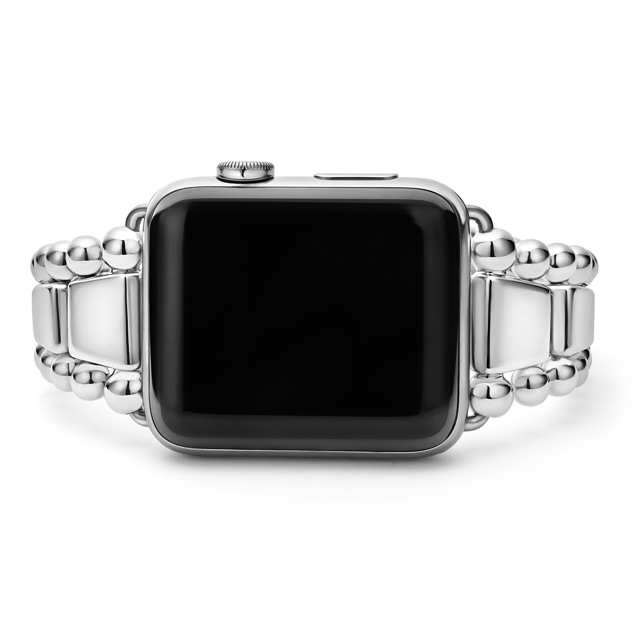Smart Caviar Sterling Silver Watch Bracelet-42-49mm with stainless-steel case, digital crown, side button, and polished silver-metal link bracelet. Watch face sold separately.