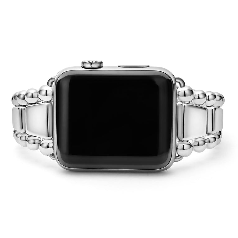 Smart Caviar Sterling Silver Watch Bracelet-42-49mm with stainless-steel case, digital crown, side button, and polished silver-metal link bracelet. Watch face sold separately.