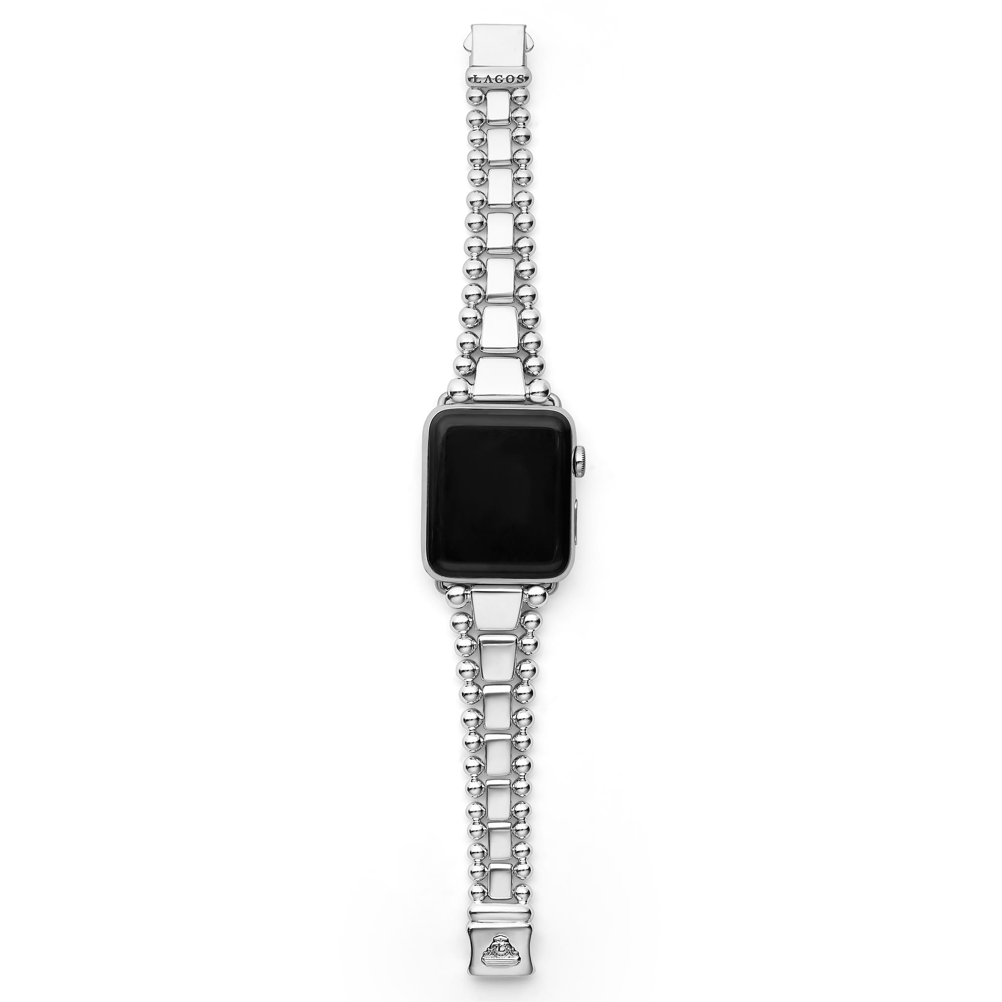 Smart Caviar Sterling Silver Watch Bracelet-42-49mm featuring stainless-steel bead-and-link design, Lagos logo on clasp, compatible with Apple Watch.