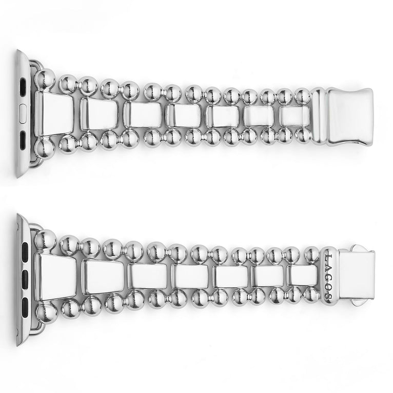 Smart Caviar Sterling Silver Watch Bracelet-42-49mm features polished spheres and rectangular links, crafted to fit Apple Watch. Watch face not included.