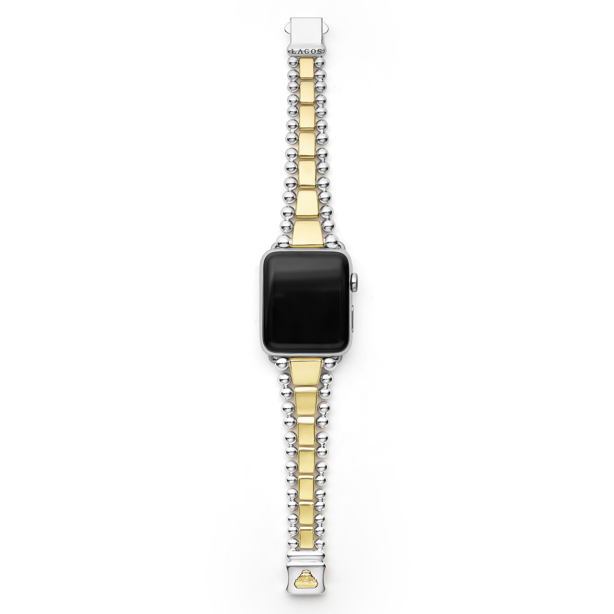 Smart Caviar 18K Gold and Sterling Silver Watch Bracelet, featuring alternating gold trapezoidal links and polished silver beads, stamped LAGOS on the clasp.