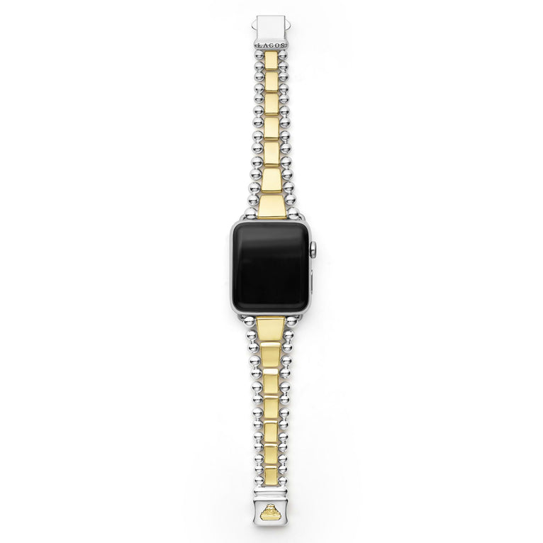 Smart Caviar 18K Gold and Sterling Silver Watch Bracelet, featuring alternating gold trapezoidal links and polished silver beads, stamped LAGOS on the clasp.