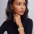 Female model wearing 18K Gold and Sterling Silver Single Diamond Watch Bracelet-42-49mm