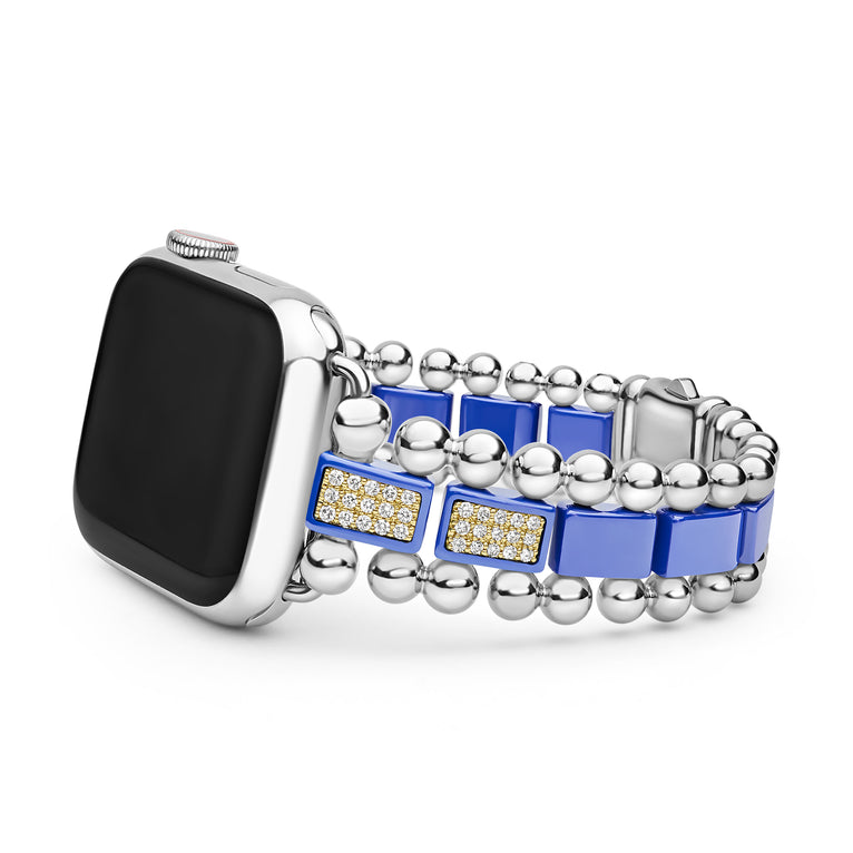 Smart Caviar Two-Tone & Blue Ceramic Smart Caviar Diamond Watchband featuring reflective silver beads, blue ceramic links, and 18K gold squares with sparkling stones.