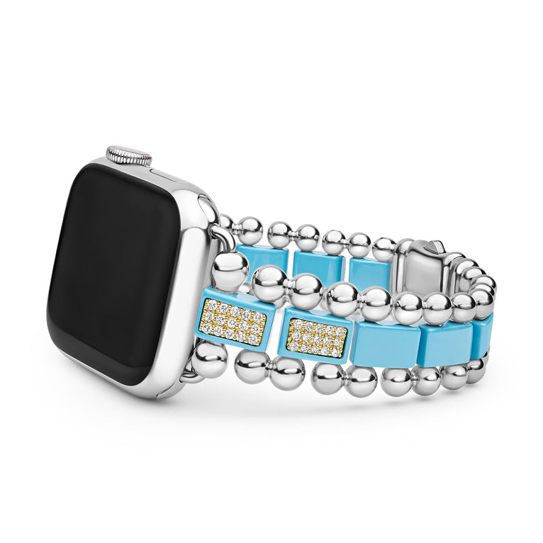 Smartwatch with a decorative blue and silver beaded band on a white background