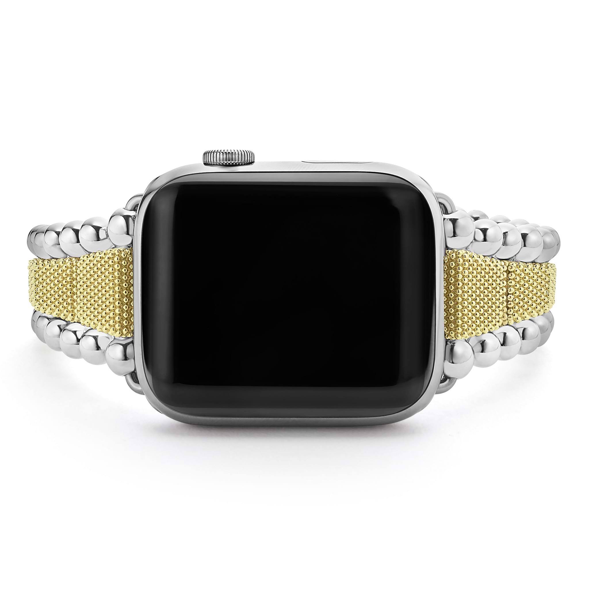 Smart Caviar 18K Gold and Sterling Silver Caviar Beaded Watch Bracelet-42-49mm, featuring polished silver and golden mesh accents, designed for Apple Watch.