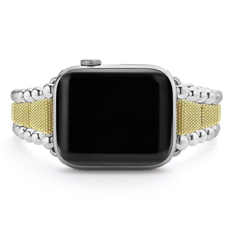Smart Caviar 18K Gold and Sterling Silver Caviar Beaded Watch Bracelet-42-49mm, featuring polished silver and golden mesh accents, designed for Apple Watch.