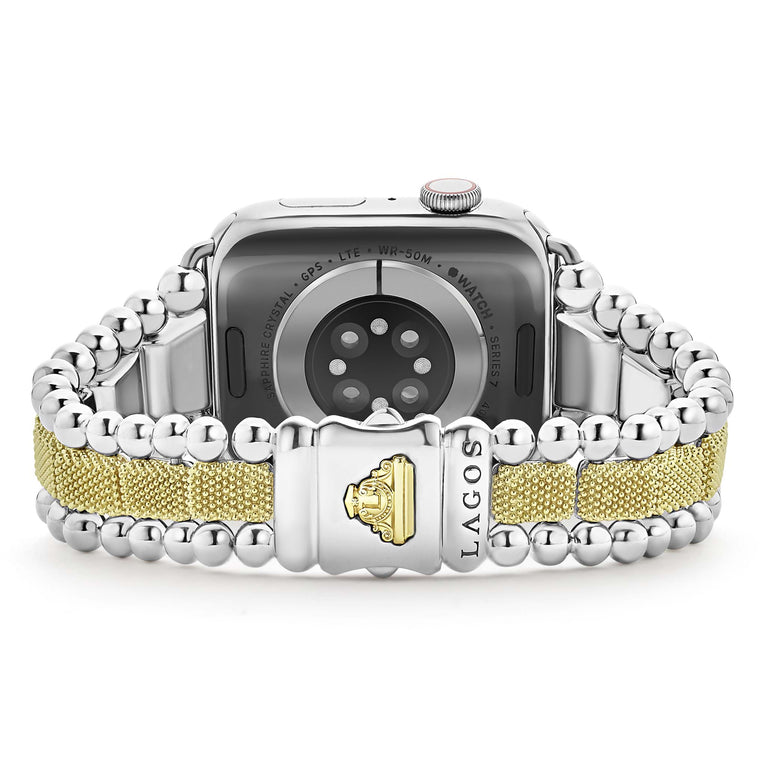 Smart Caviar 18K Gold and Sterling Silver Caviar Beaded Watch Bracelet-42-49mm with Lagos's signature chain-link design, featuring sapphire crystal and heart-rate sensor details.