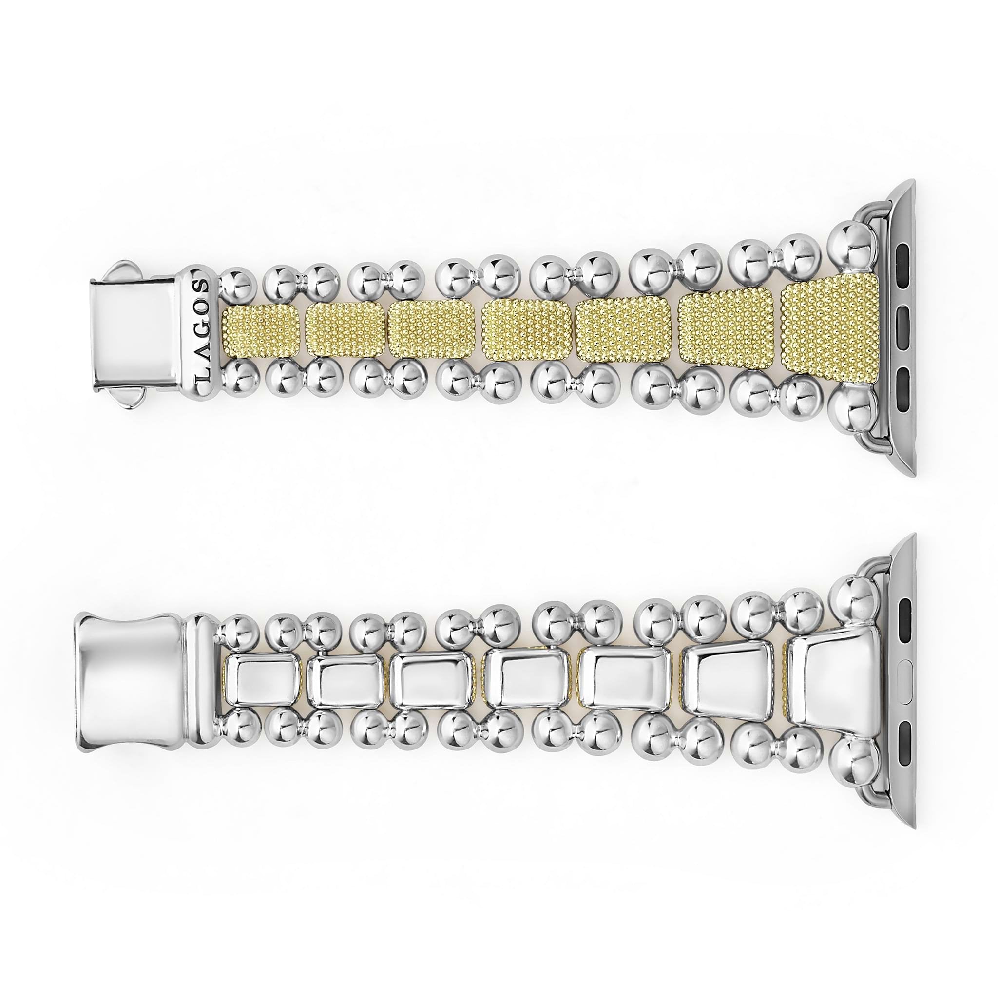 Smart Caviar 18K Gold and Sterling Silver Caviar Beaded Watch Bracelet for Apple Watch, featuring polished silver beads and textured gold rectangular links.