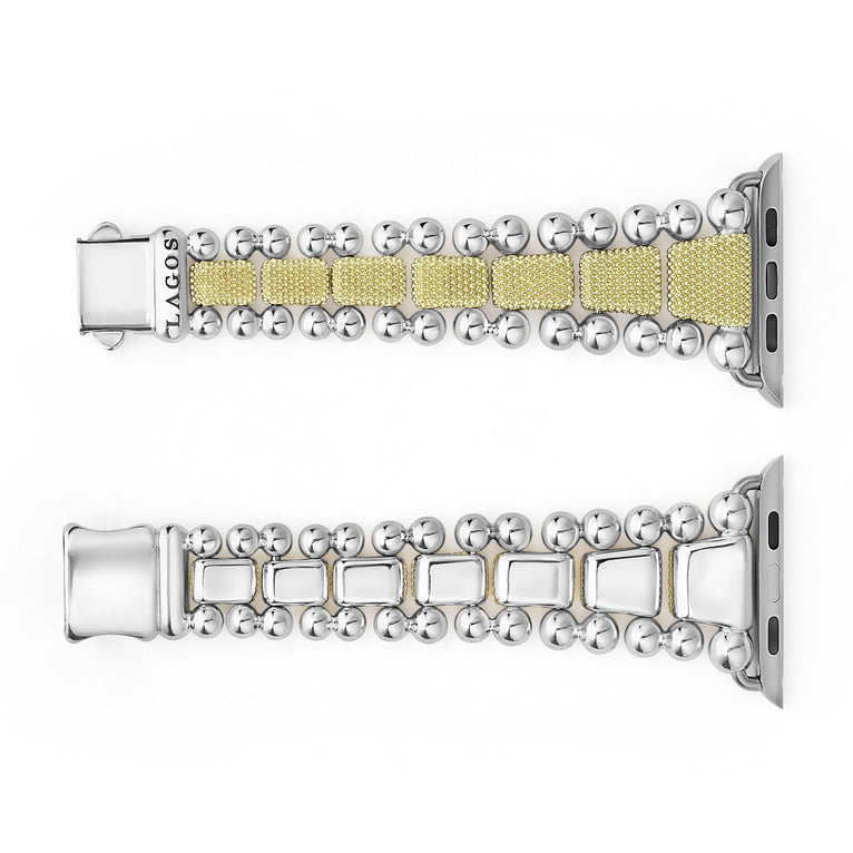 Smart Caviar 18K Gold and Sterling Silver Caviar Beaded Watch Bracelet for Apple Watch, featuring polished silver beads and textured gold rectangular links.