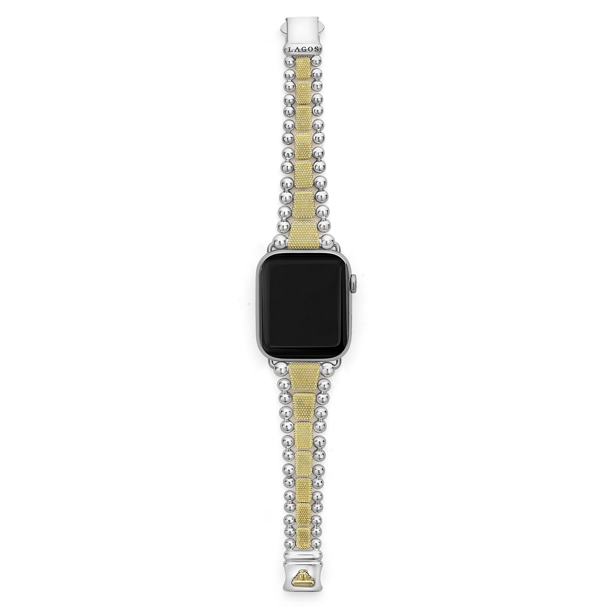 Smart Caviar 18K Gold and Sterling Silver Caviar Beaded Watch Bracelet-42-49mm with two-tone metal link strap featuring polished sterling-silver beads and yellow-gold rectangular links.