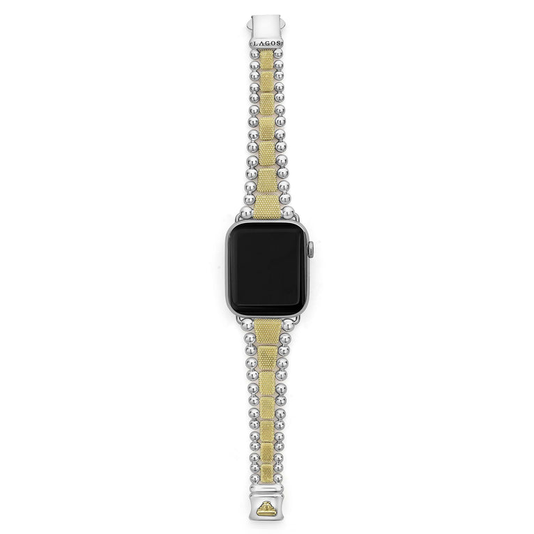 Smart Caviar 18K Gold and Sterling Silver Caviar Beaded Watch Bracelet-42-49mm with two-tone metal link strap featuring polished sterling-silver beads and yellow-gold rectangular links.