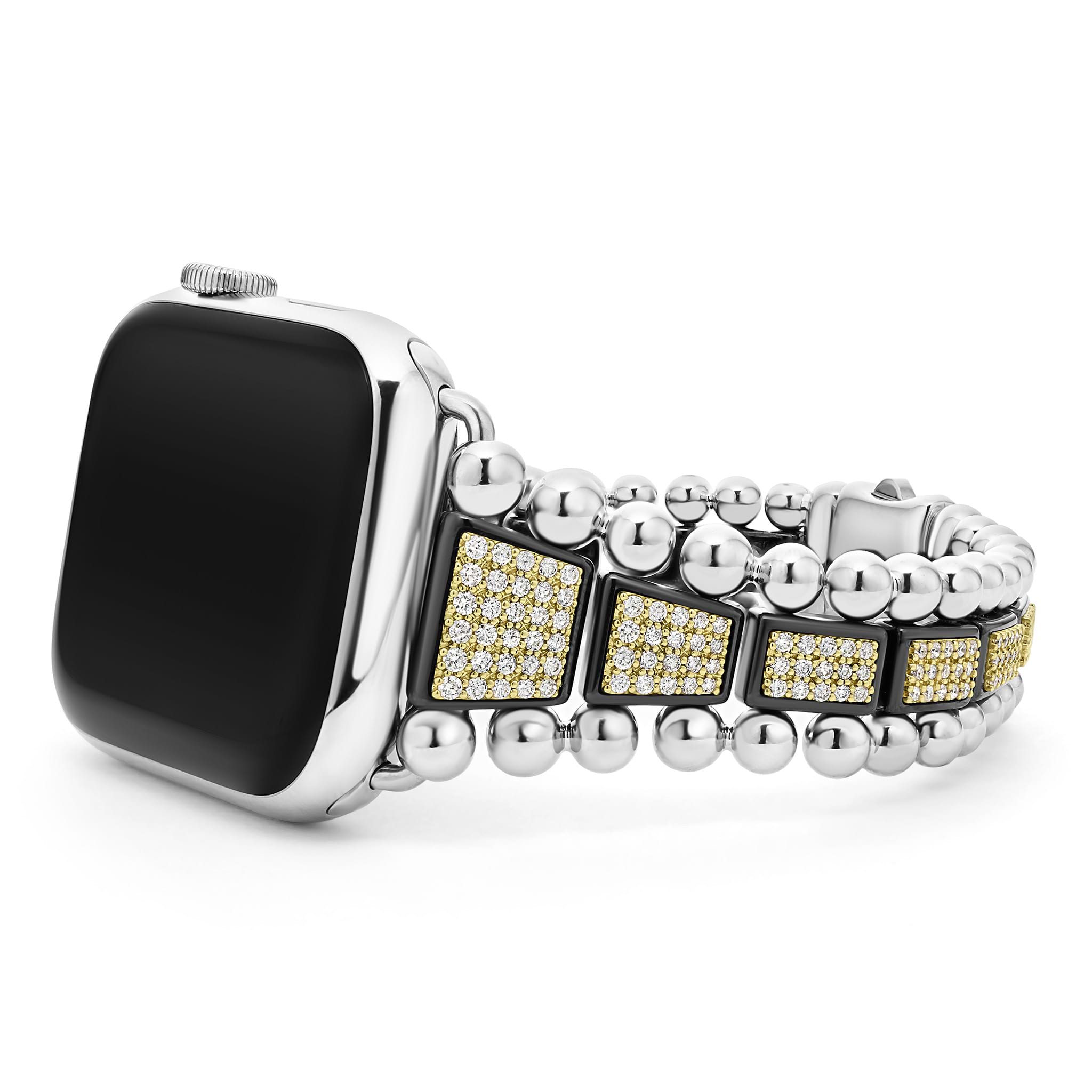 Created exclusively for your Apple Watch®, this watch bracelet is crafted with diamonds set in 18K gold and black ceramic signature links. Fits the Series 1 through 8 Apple Watch® for the 42mm through 49mm sizes. Watch face sold separately.