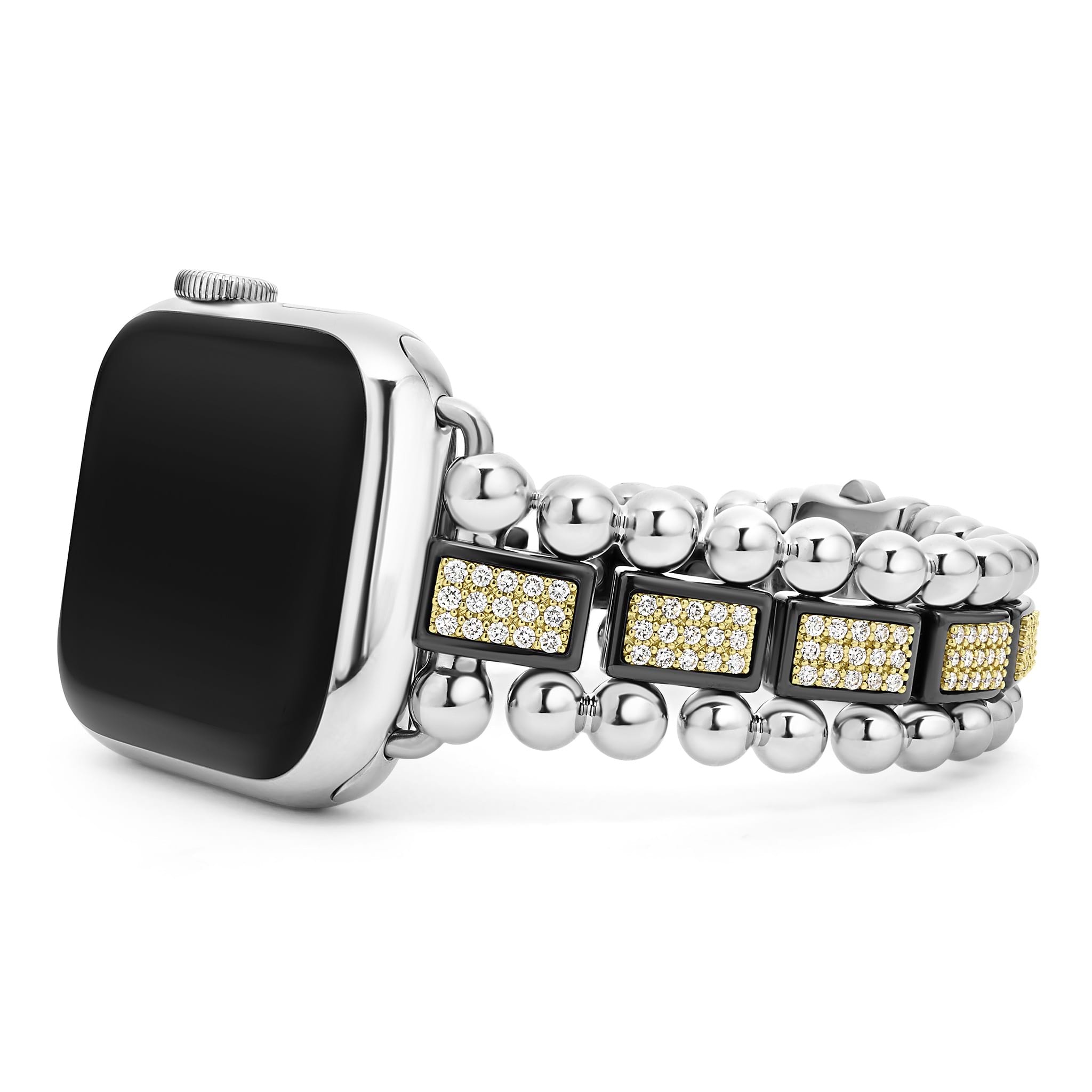 Created exclusively for your Apple Watch®, this watch bracelet is crafted with diamonds set in 18K gold and black ceramic signature links. Fits the Series 1 through 8 Apple Watch® for the 38mm through 45mm sizes. Watch face sold separately.
