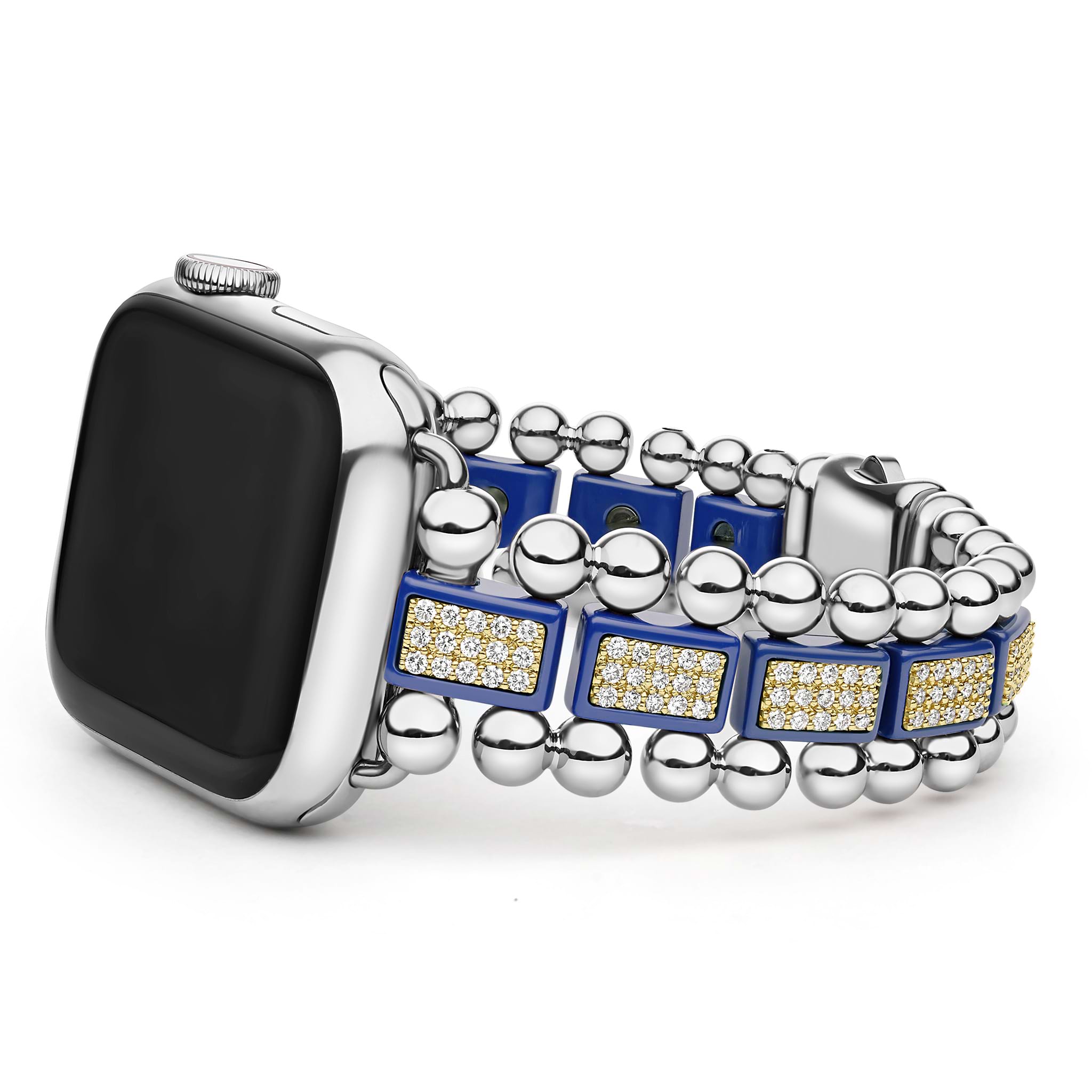 Created exclusively for your Apple Watch®, this watch bracelet is crafted from 18k gold, blue ceramic and diamond links. 