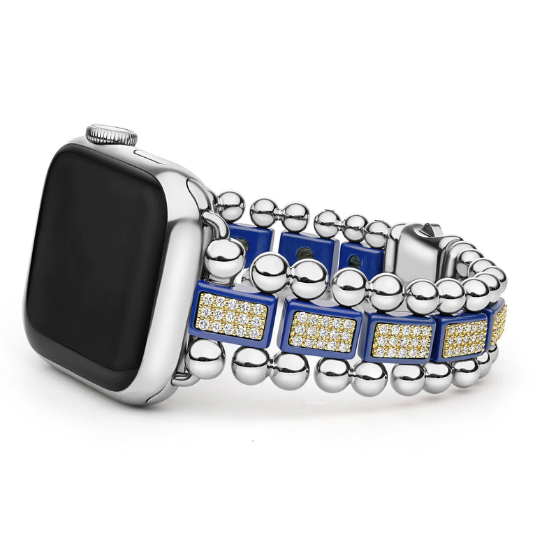 Created exclusively for your Apple Watch®, this watch bracelet is crafted from 18k gold, blue ceramic and diamond links. 