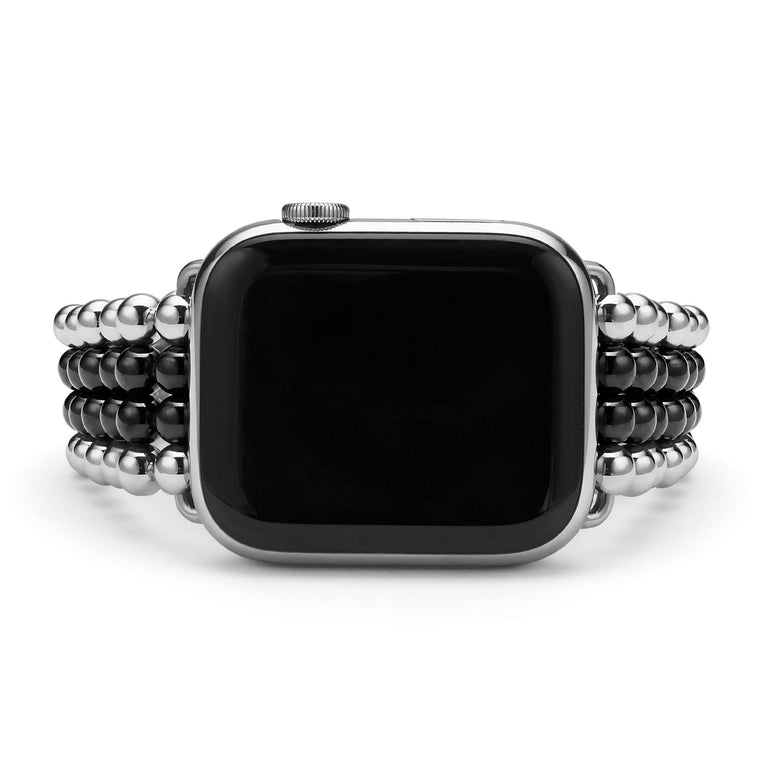 Smart Caviar Black Ceramic and Stainless Steel Infinite Watch Bracelet on Apple Watch, featuring stainless steel case and digital crown, with a beaded band.