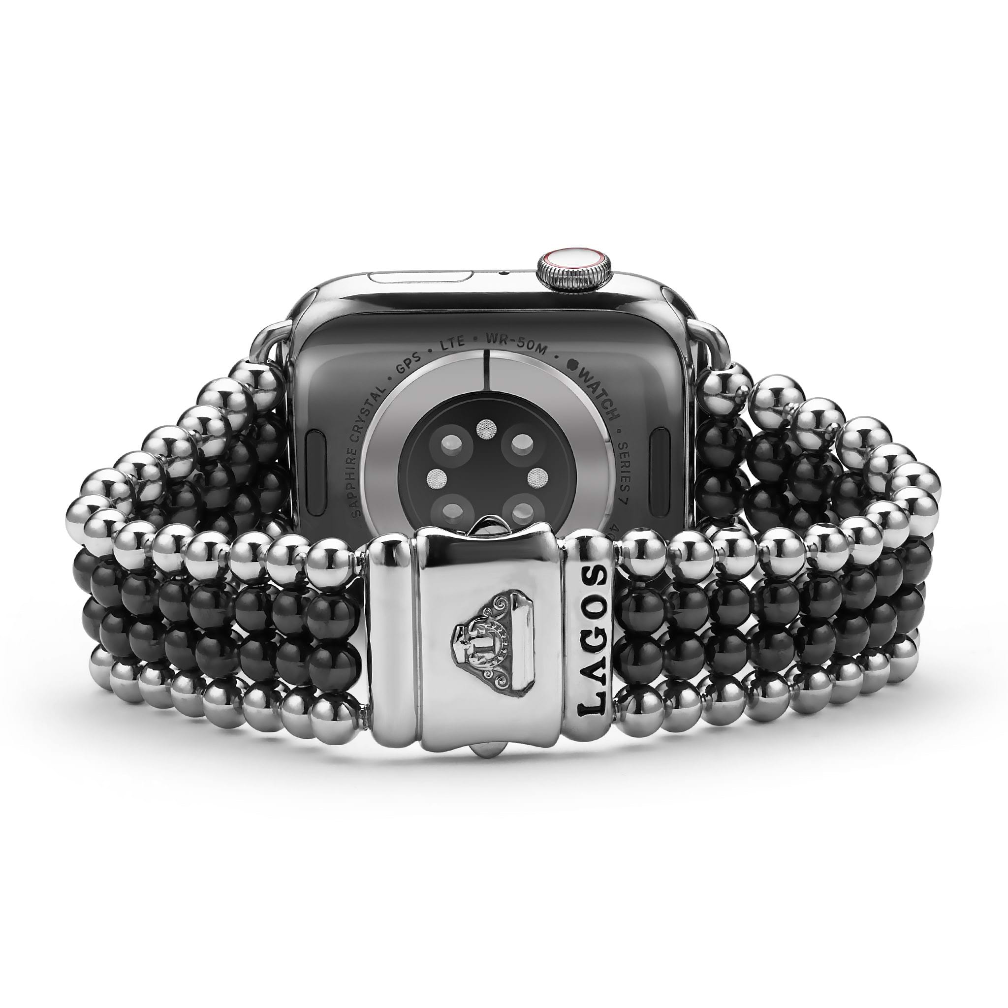 Smart Caviar Black Ceramic and Stainless Steel Infinite Watch Bracelet on Apple Watch Series 7, featuring a multi-strand beaded design.